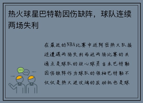 热火球星巴特勒因伤缺阵，球队连续两场失利